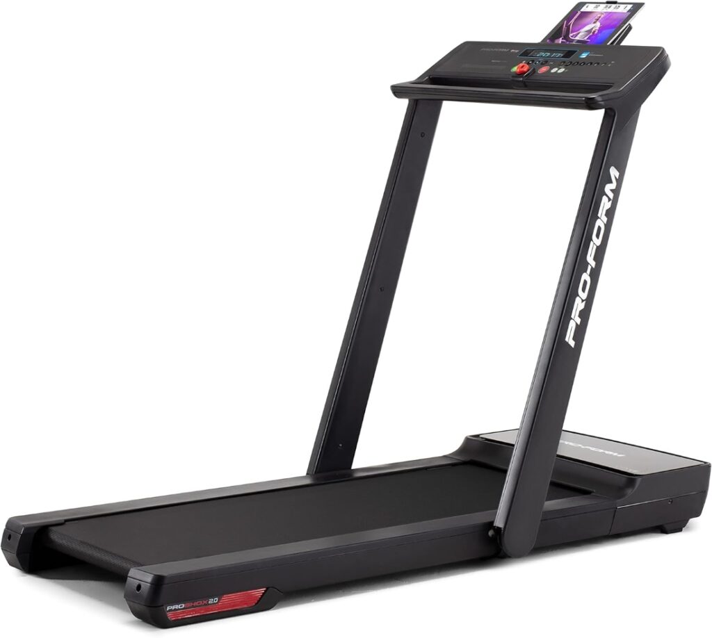 A modern space-saving treadmill with digital display showing speed, time, and heart rate. 